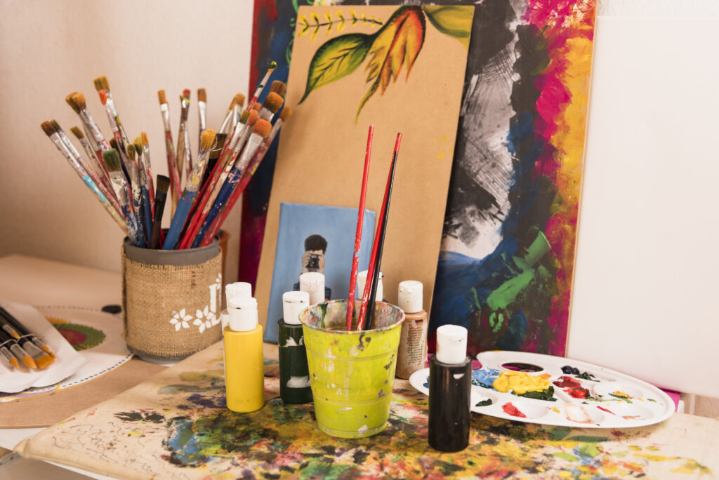 art studio table full materials